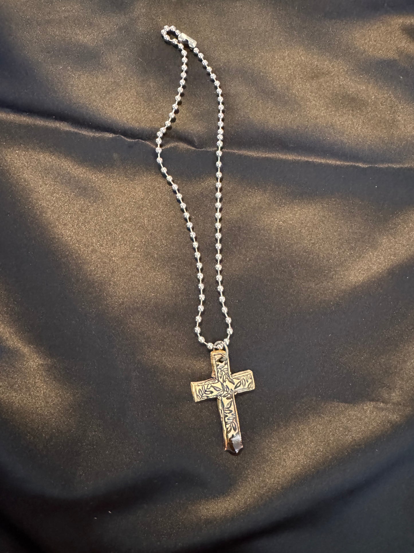 Leaf Texture Cross Necklace with Fantasy Cross back