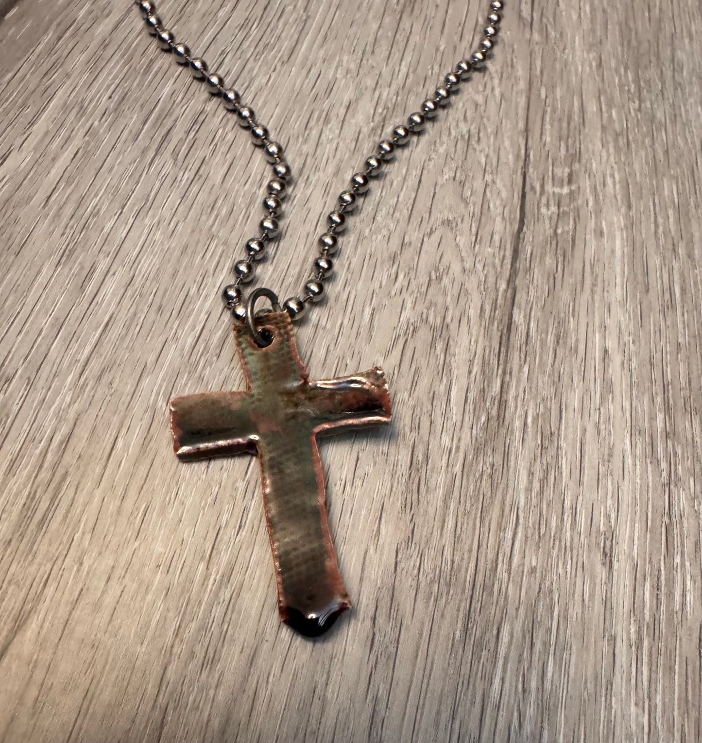 Leaf Texture Cross Necklace with Fantasy Cross back