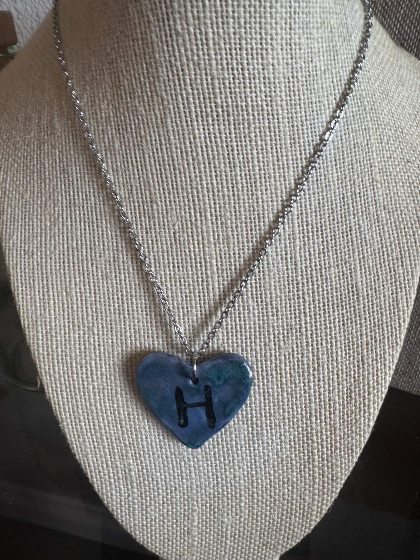 The Letter H Bluish Heart Necklace