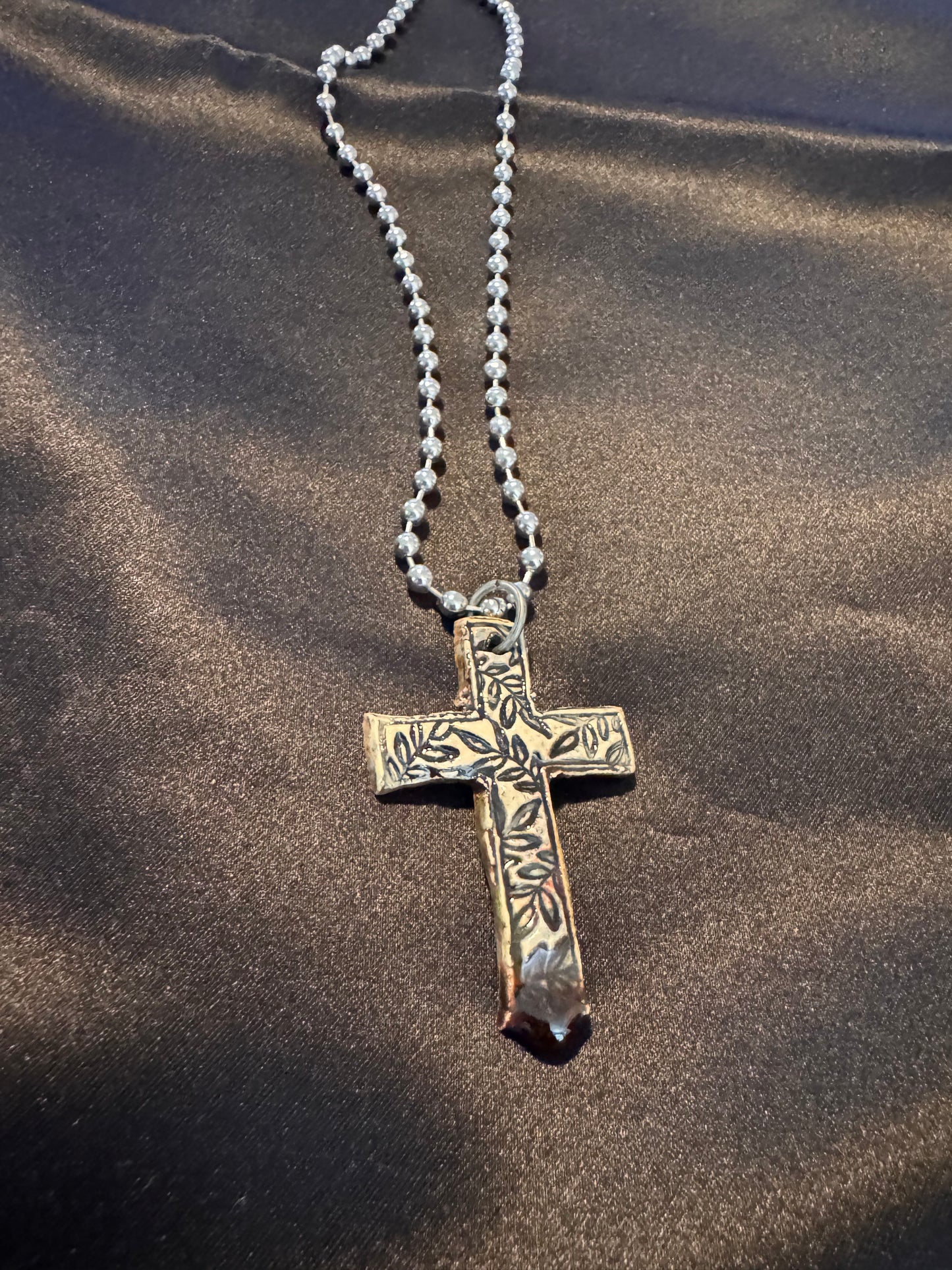 Leaf Texture Cross Necklace with Fantasy Cross back