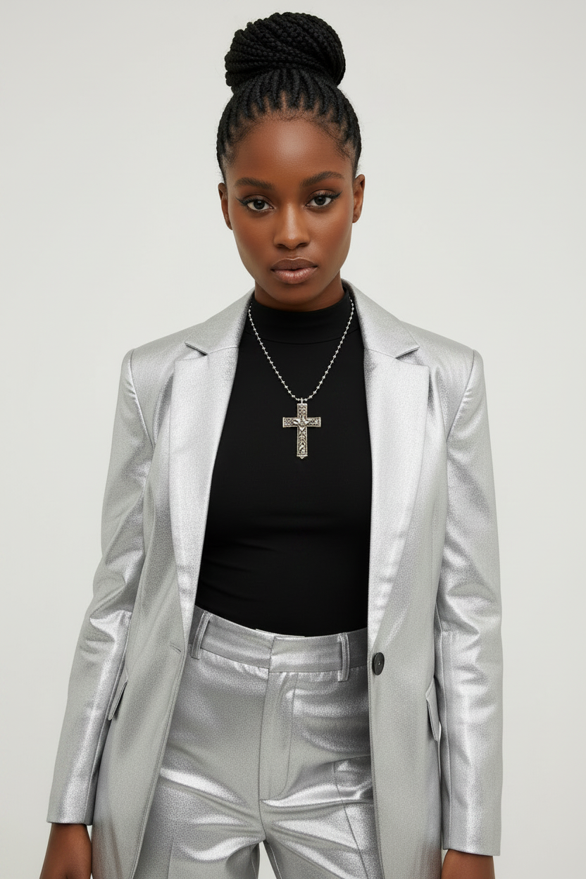 Leaf Texture Cross Necklace with Fantasy Cross back
