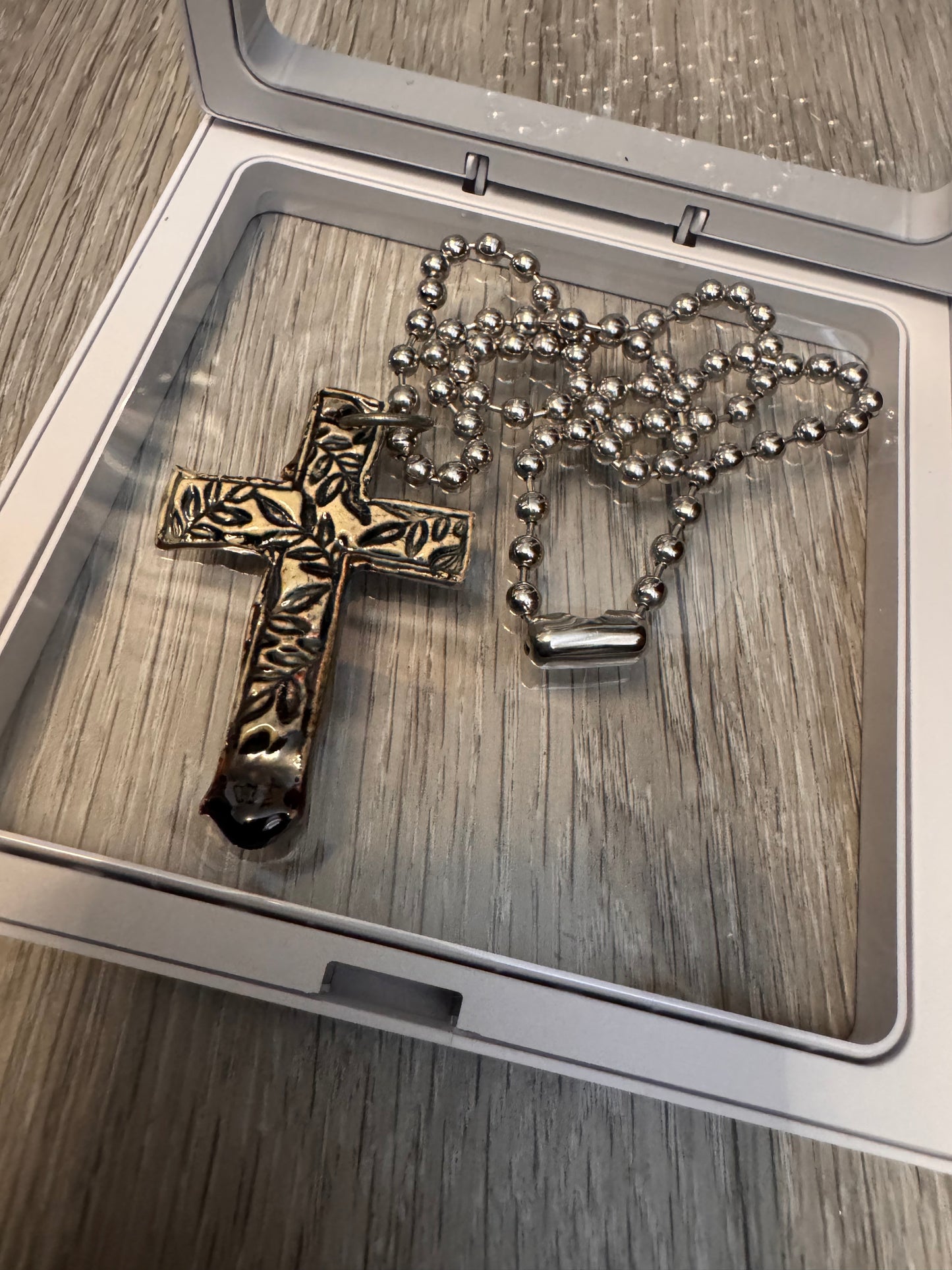 Leaf Texture Cross Necklace with Fantasy Cross back