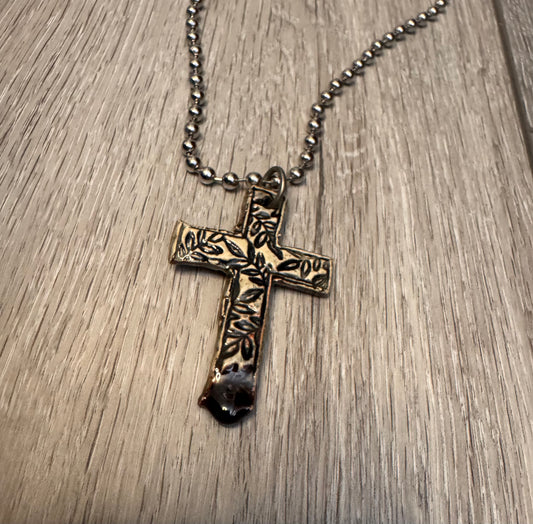 Leaf Texture Cross Necklace with Fantasy Cross back