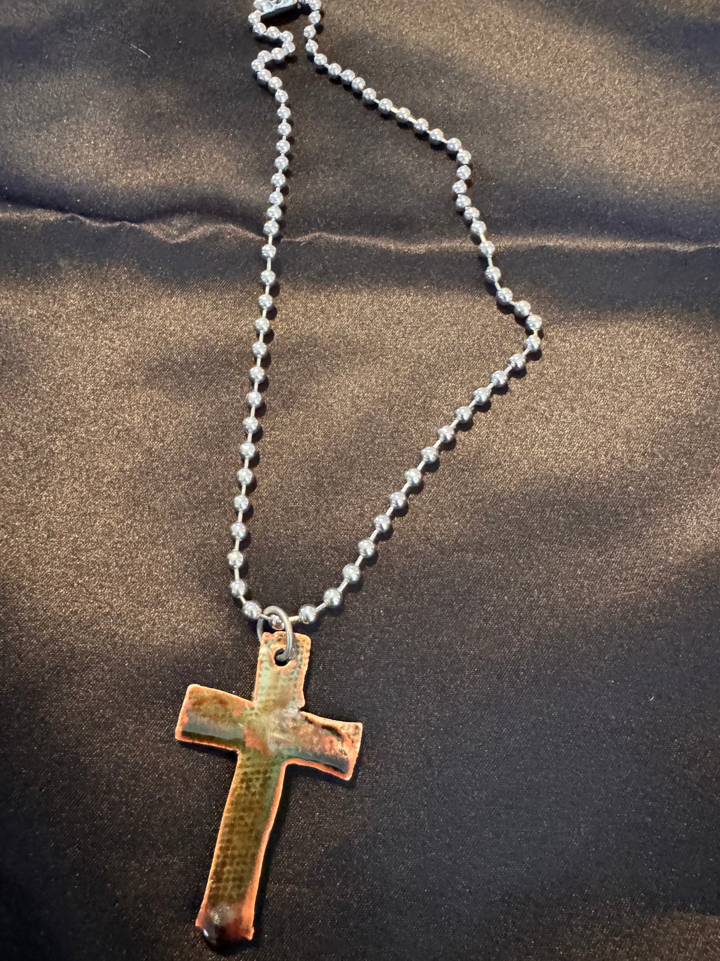 Leaf Texture Cross Necklace with Fantasy Cross back