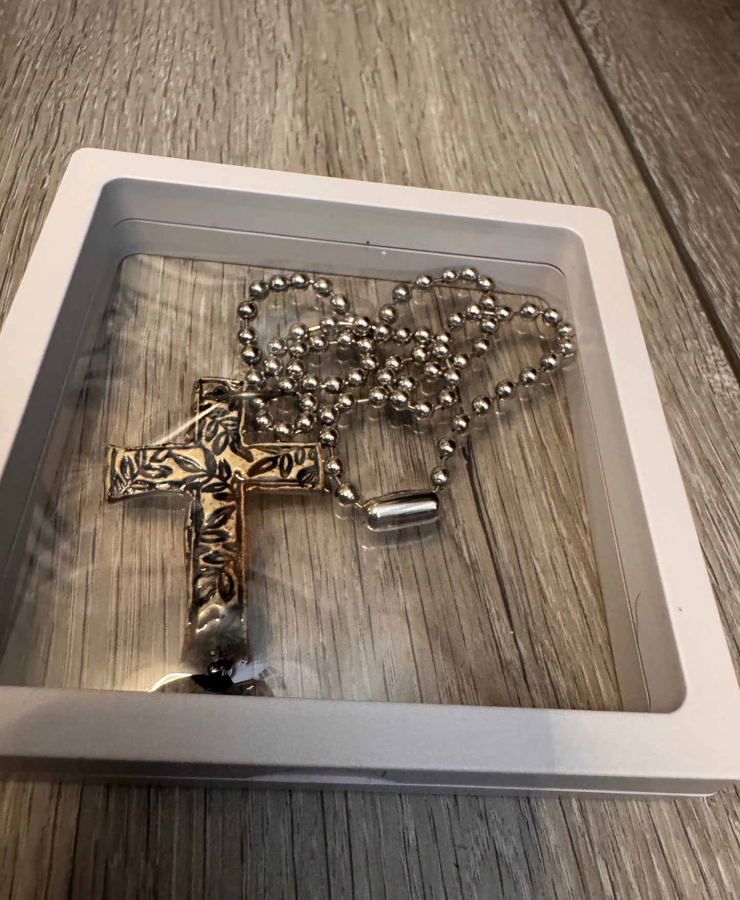 Leaf Texture Cross Necklace with Fantasy Cross back