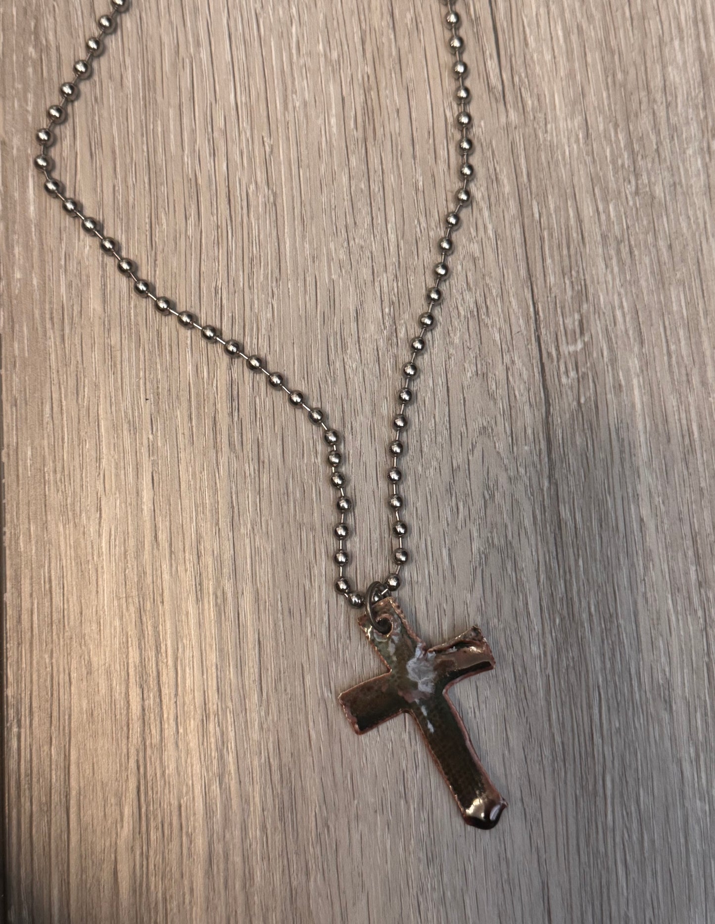 Leaf Texture Cross Necklace with Fantasy Cross back