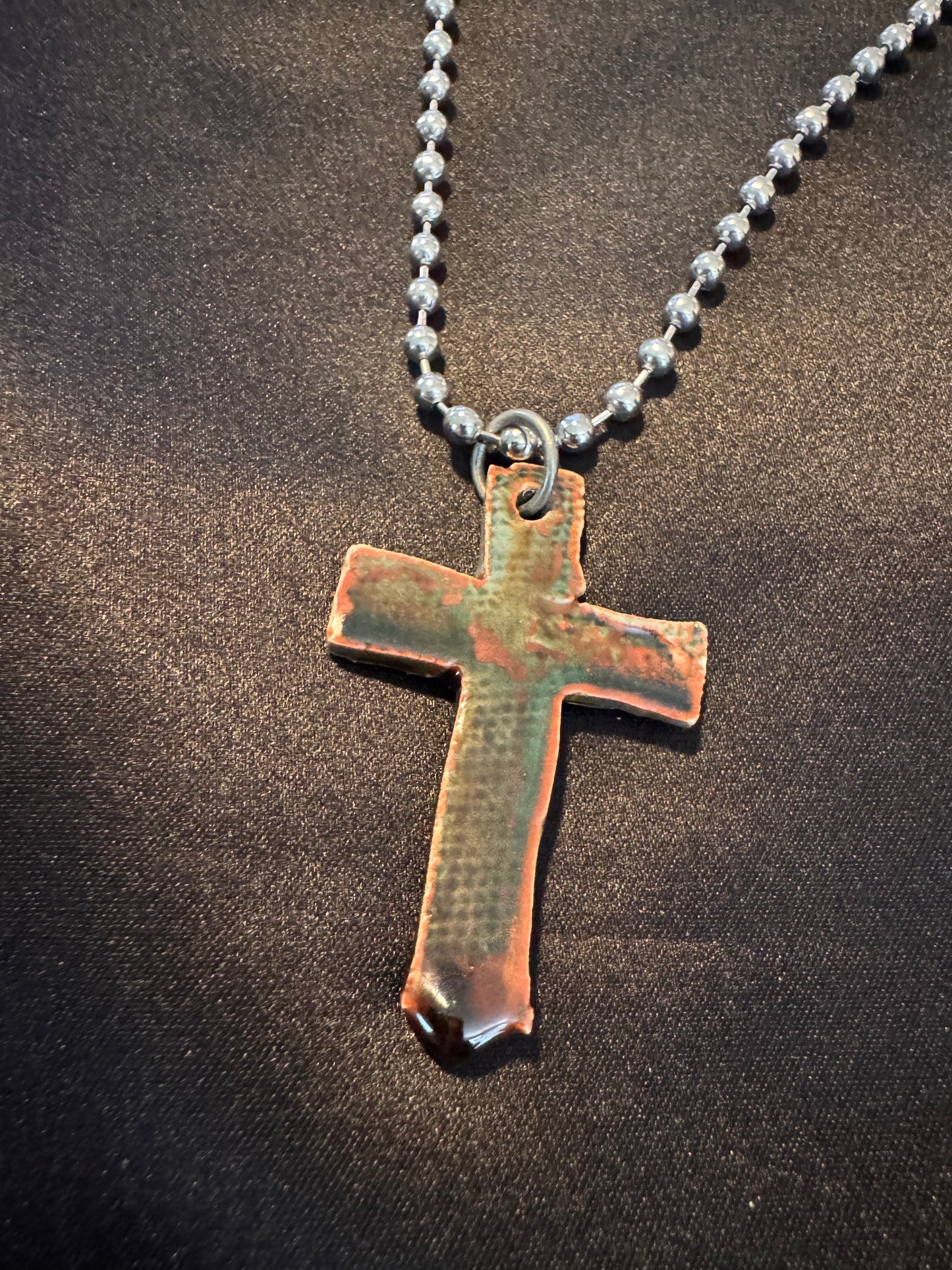 Leaf Texture Cross Necklace with Fantasy Cross back