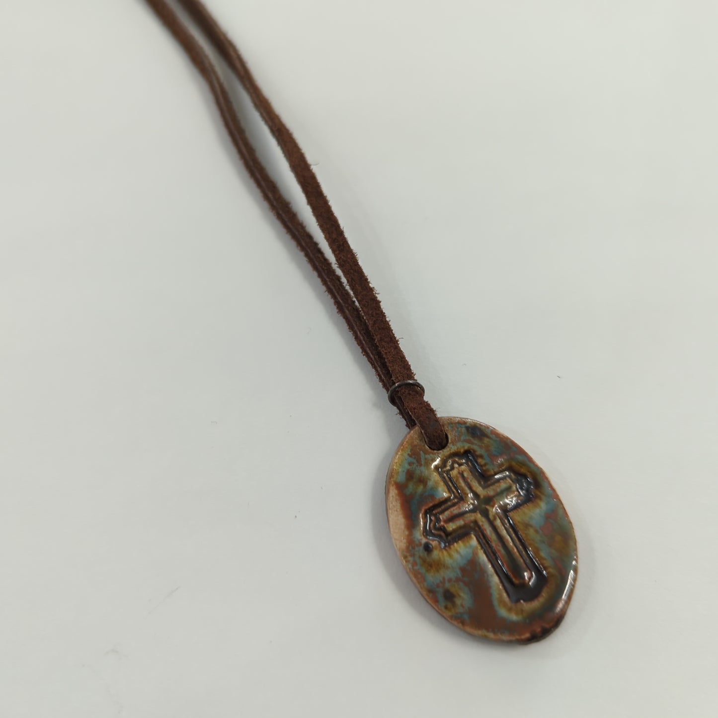 Oval Cross Necklace - Leather Cord