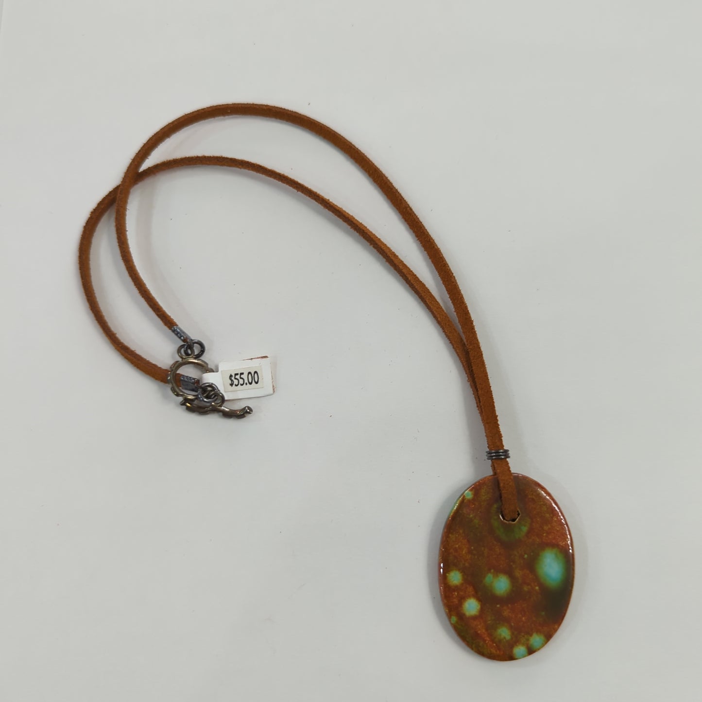 Emergent Green, Brown Oval Necklace - Leather Cord