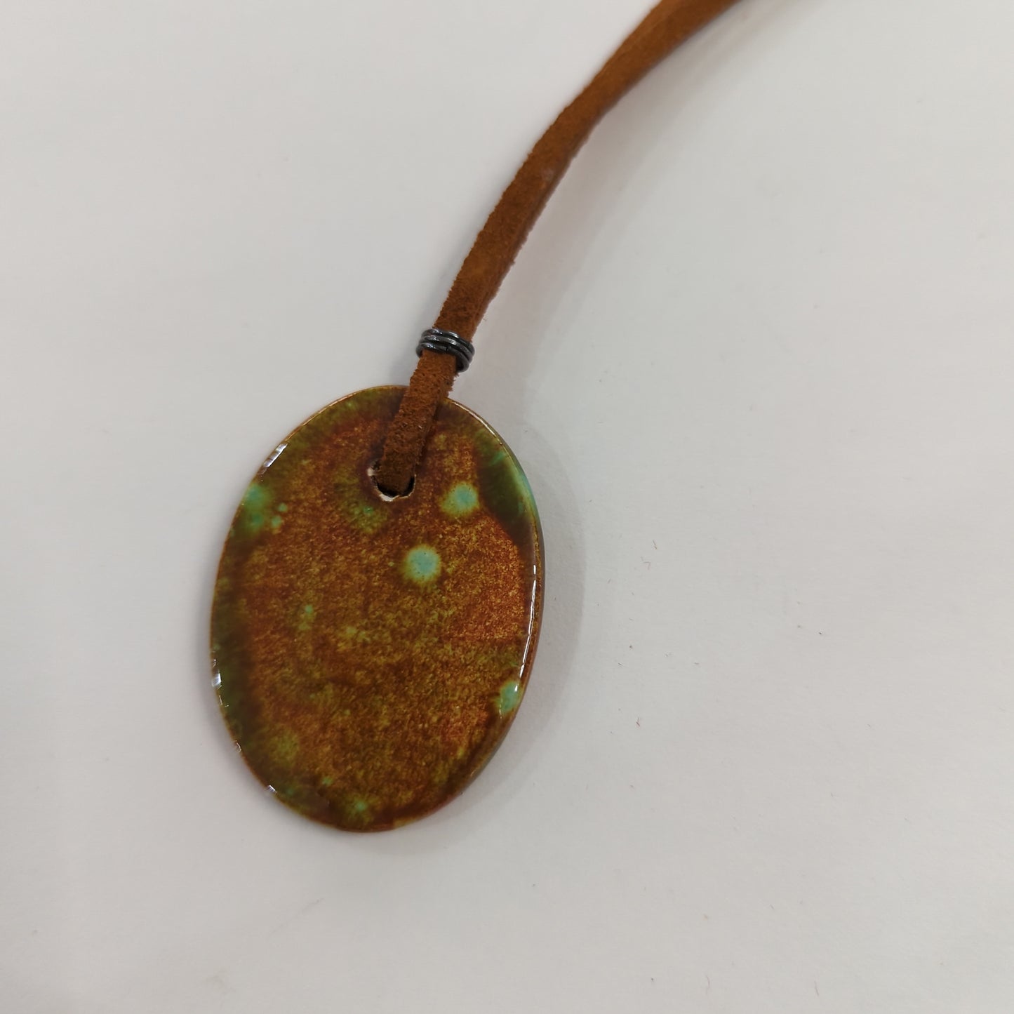 Emergent Green, Brown Oval Necklace - Leather Cord