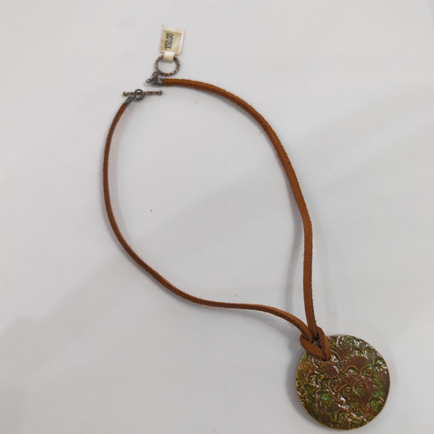 Emergent Green, Brown Textured Necklace - Leather Cord