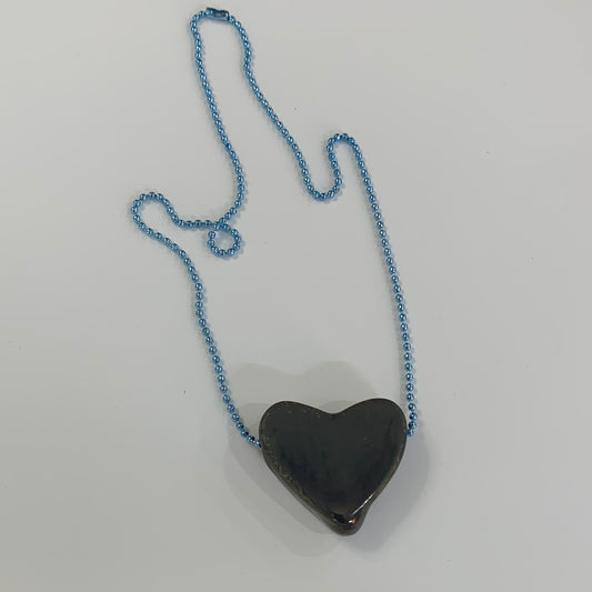 Midnight Chunky Heart Necklace - Metal Blue Ball Chain