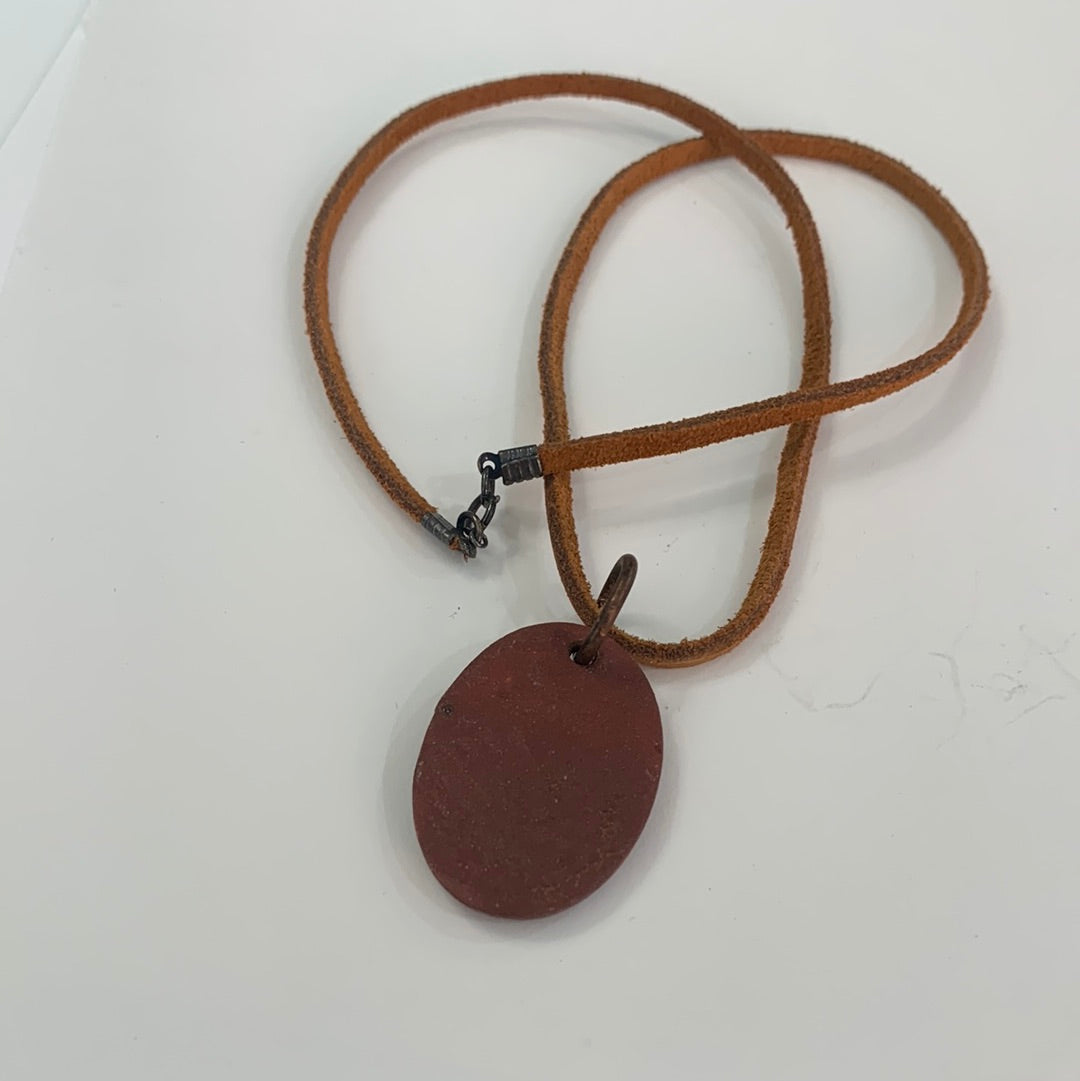 Oval Matte Maroon Cross Necklace - Rust Leather Cord