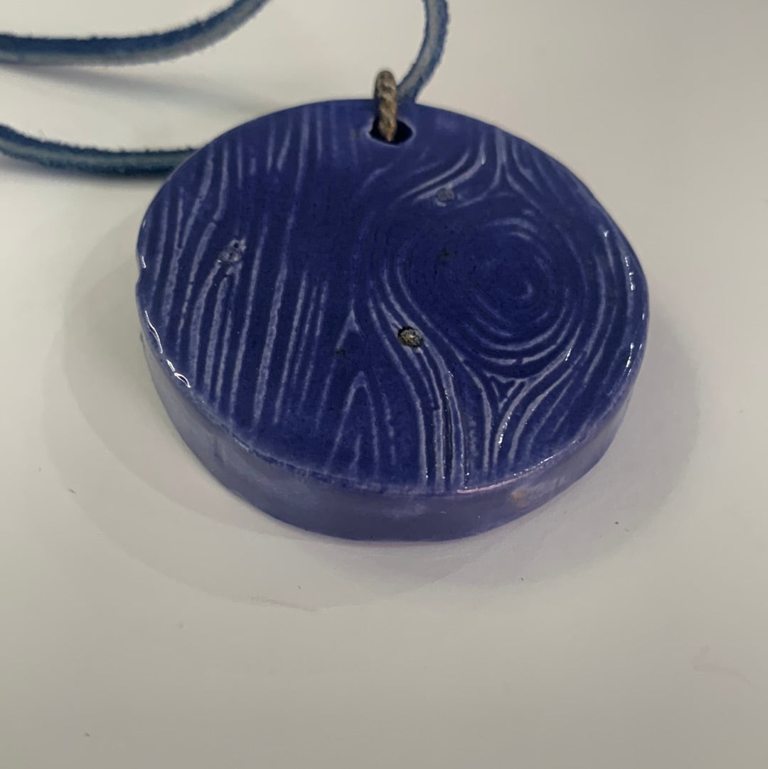 Chunky Blur Wood Circle Necklace with Blue Leather Cord