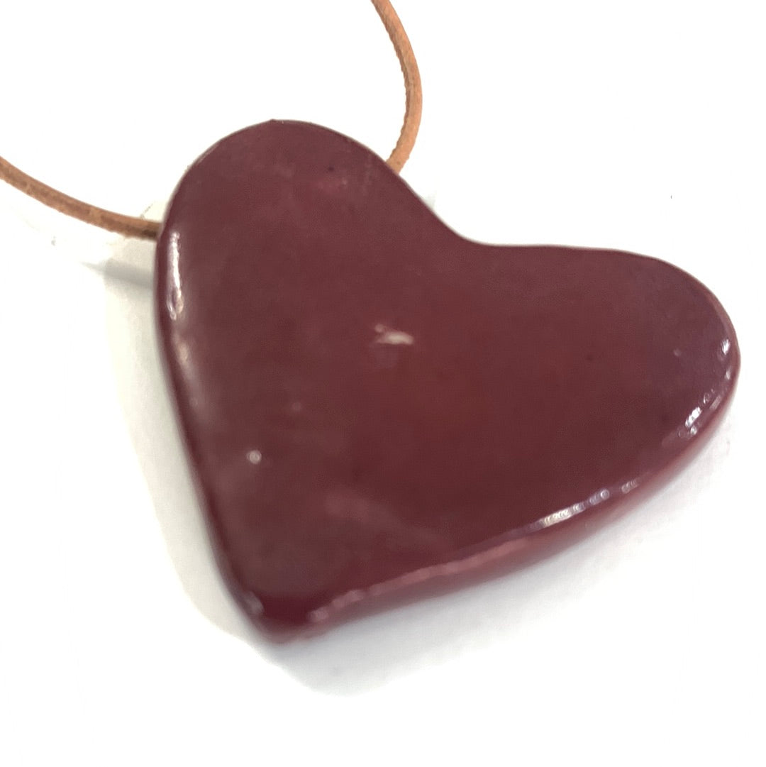 Maroon Tilted Heart Necklace- Tan Thin Leather Cord