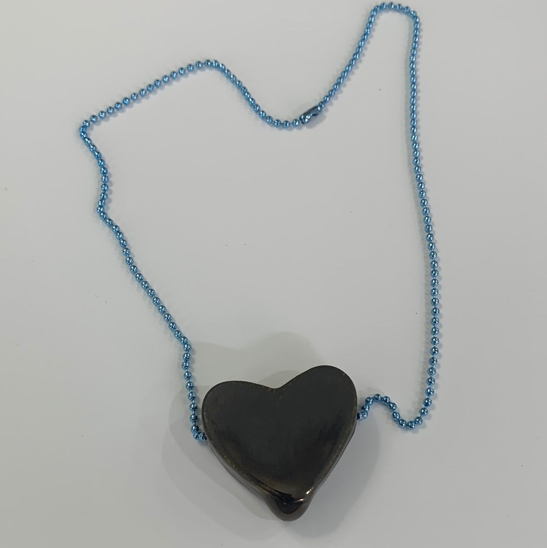 Midnight Chunky Heart Necklace - Metal Blue Ball Chain