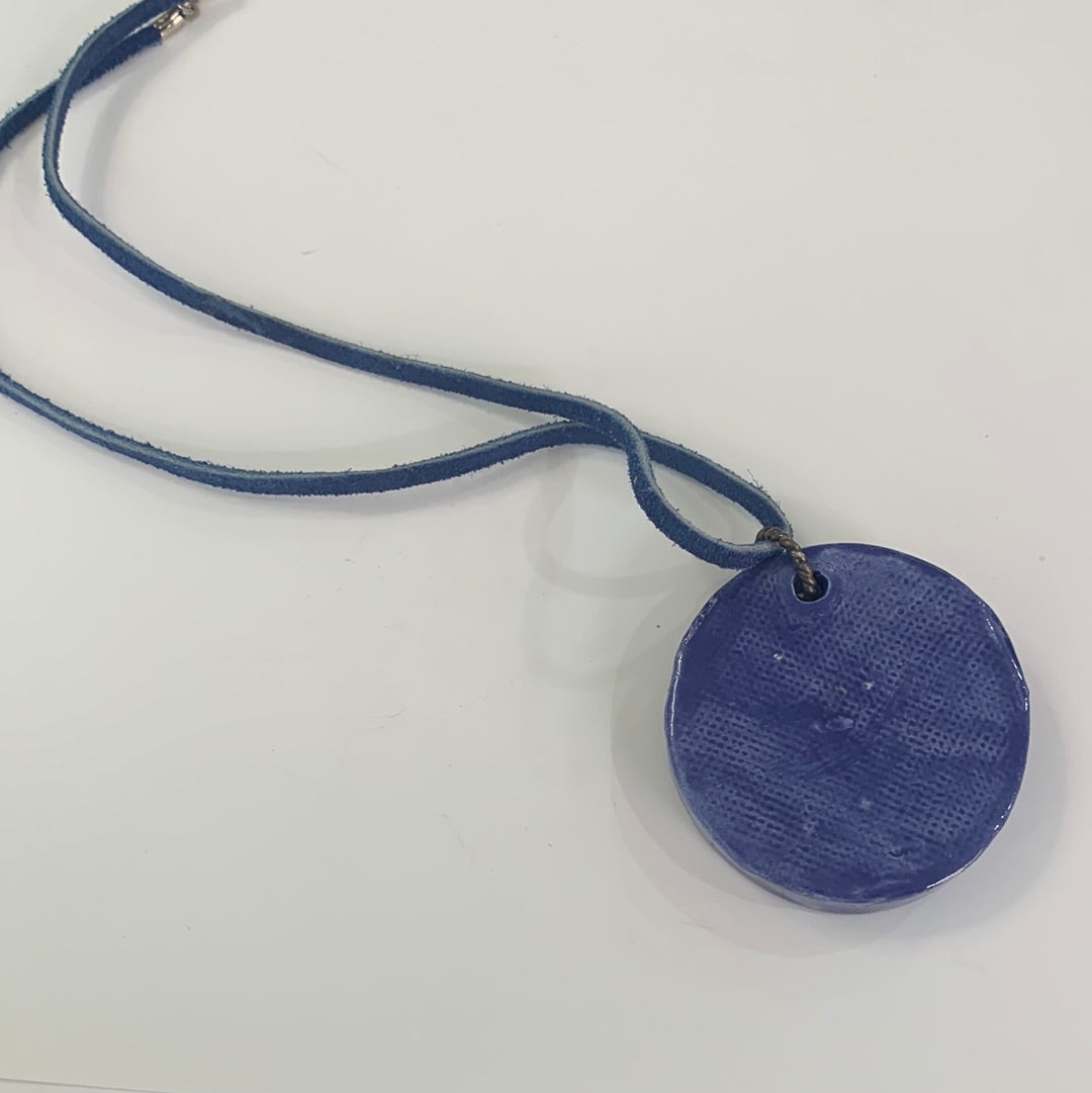 Chunky Blur Wood Circle Necklace with Blue Leather Cord