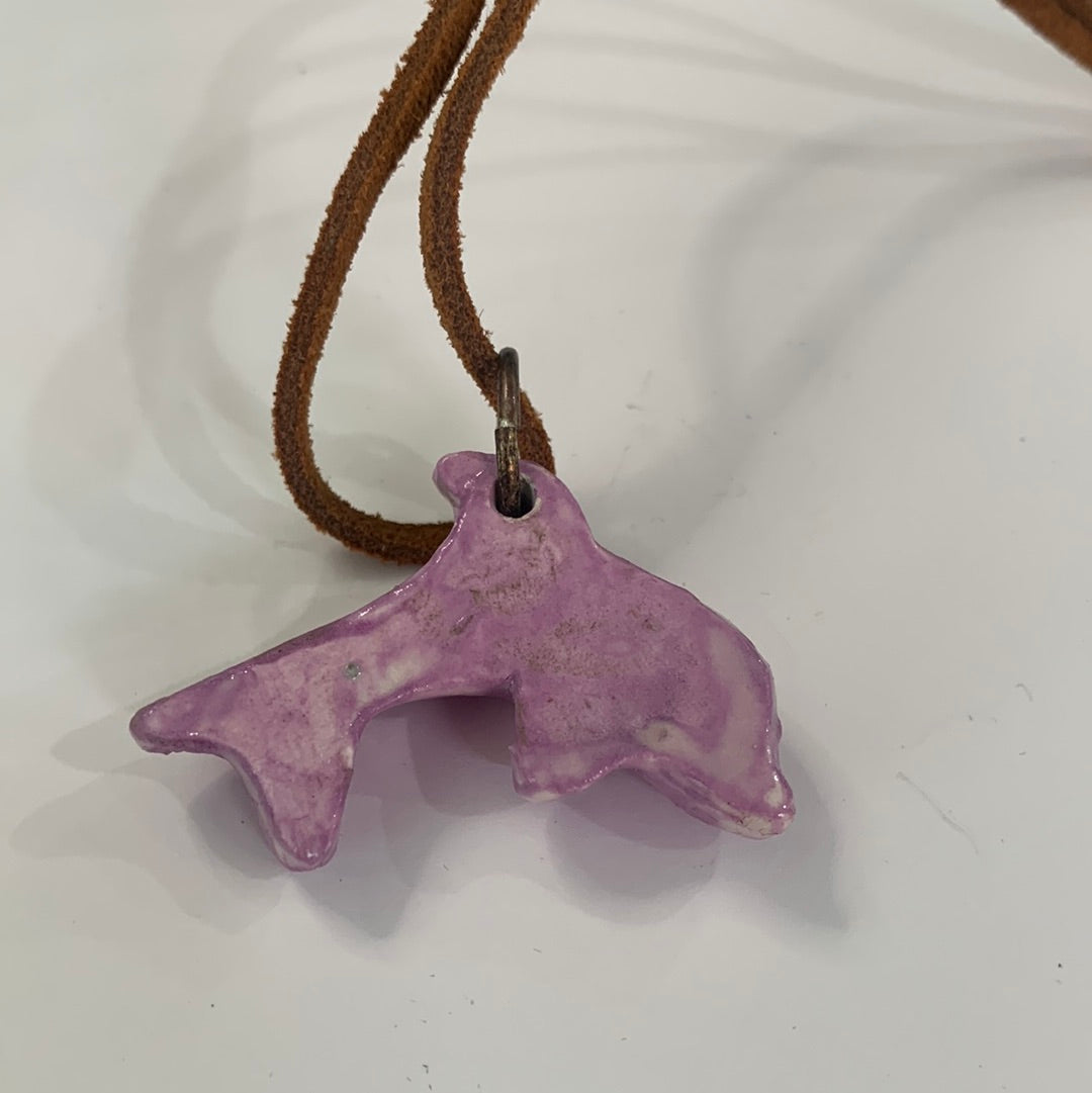 Purple Dolphin Child Necklace Rust Leather Cord