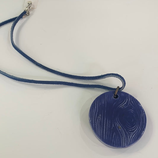 Chunky Blur Wood Circle Necklace with Blue Leather Cord