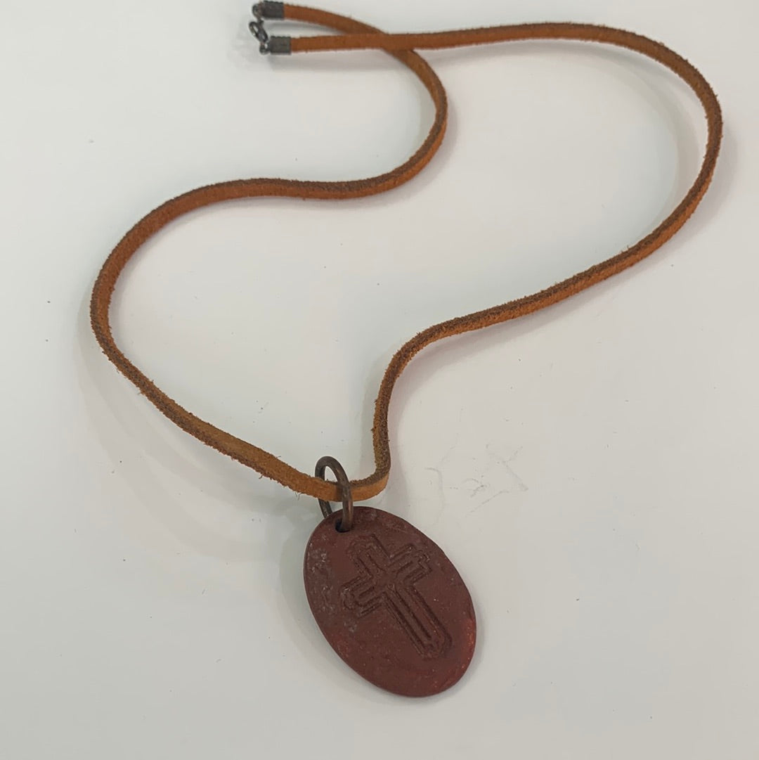 Oval Matte Maroon Cross Necklace - Rust Leather Cord