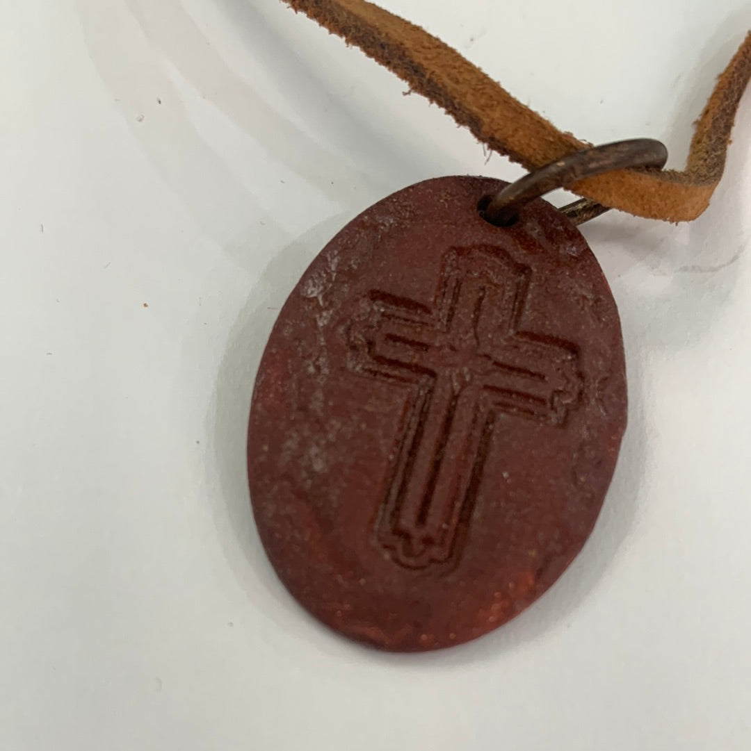 Oval Matte Maroon Cross Necklace - Rust Leather Cord