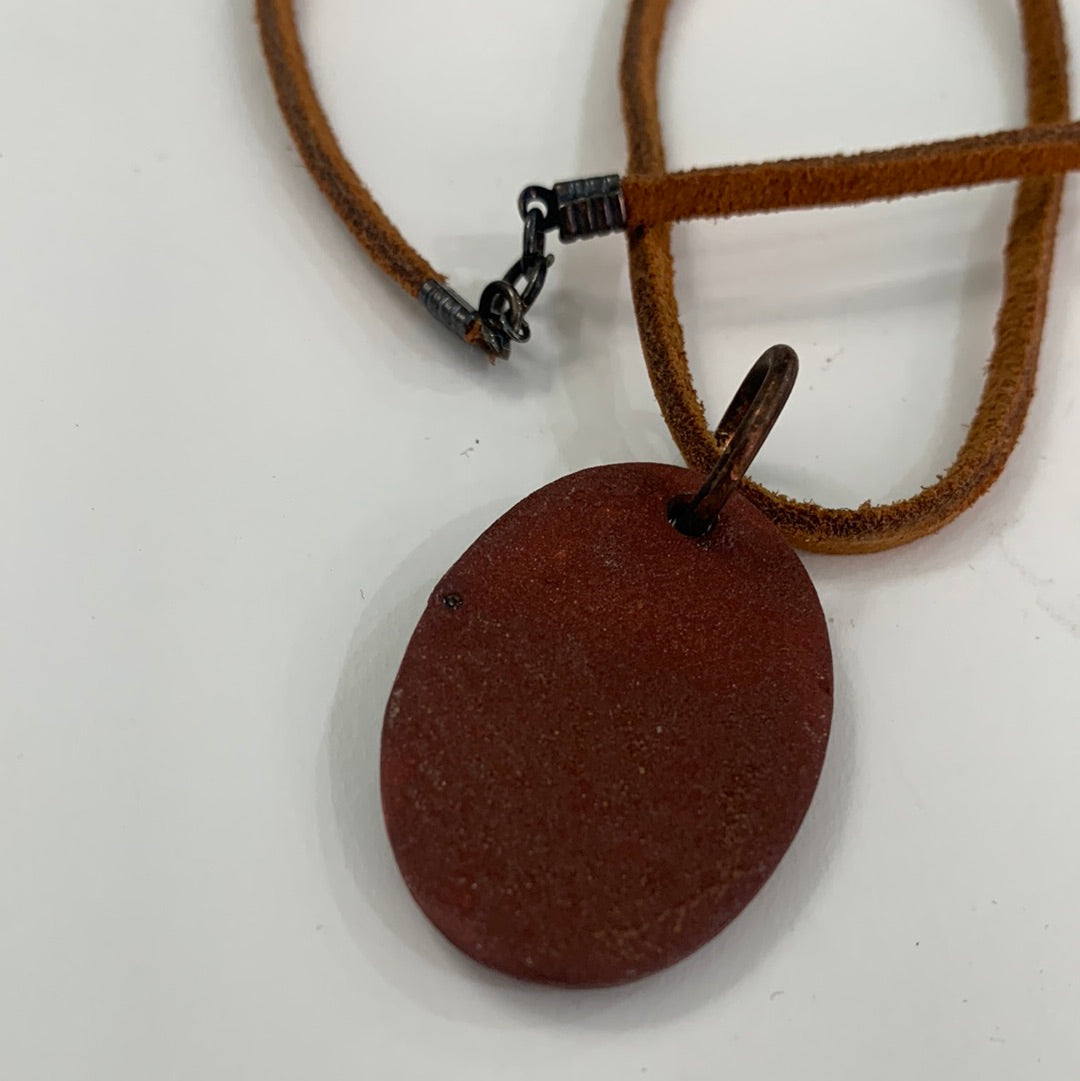 Oval Matte Maroon Cross Necklace - Rust Leather Cord