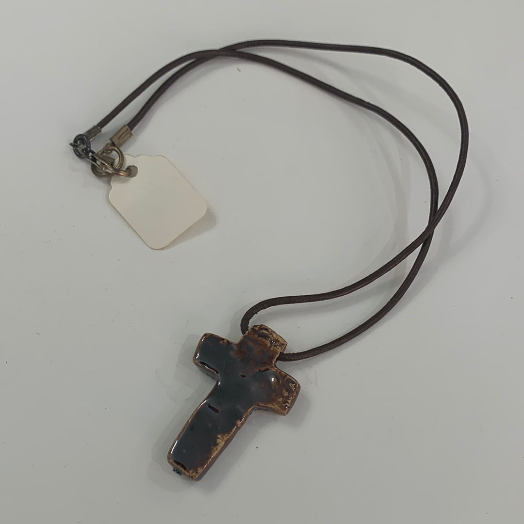 Brown Cross Necklace - Brown Tube Leather Cord