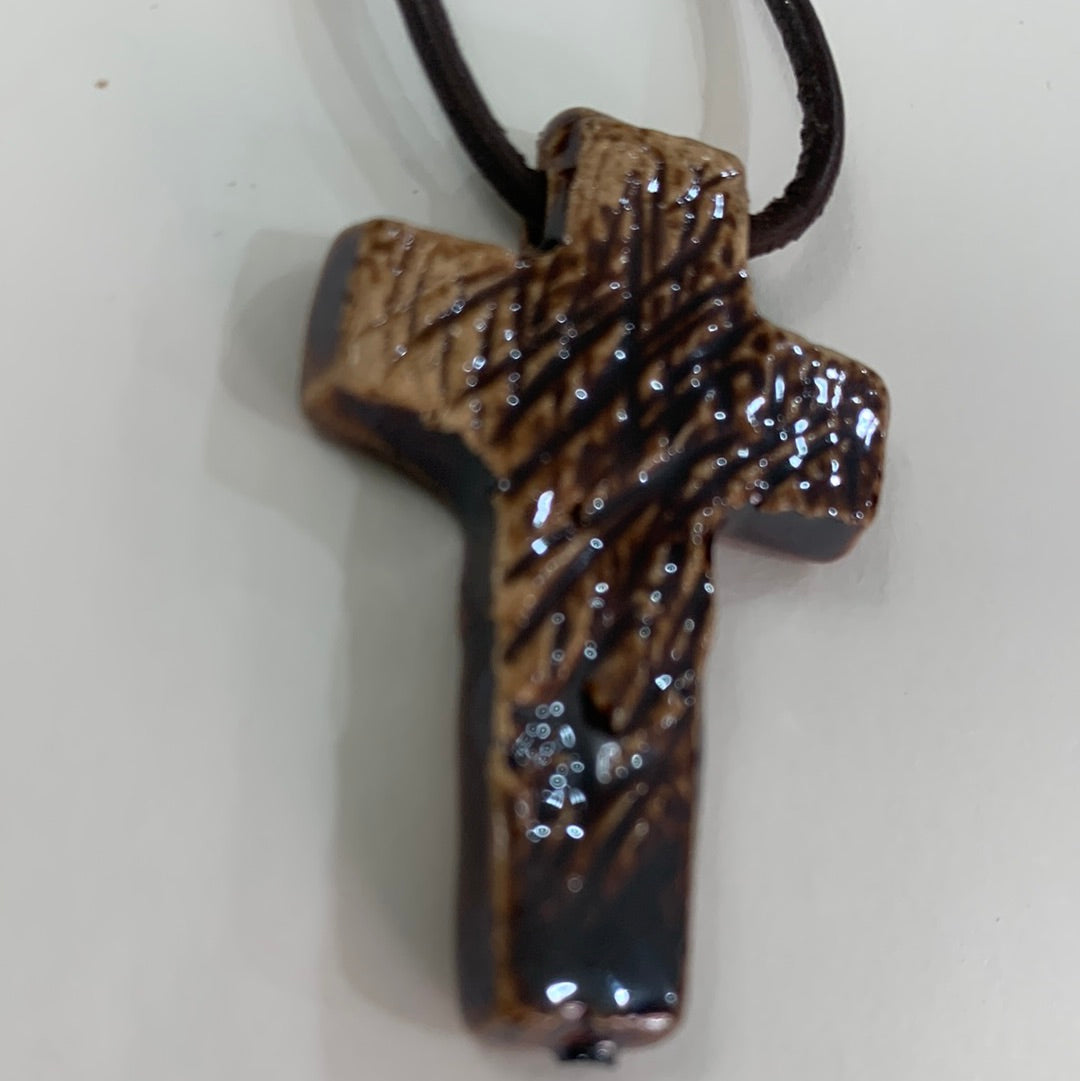 Brown Cross Necklace - Brown Tube Leather Cord