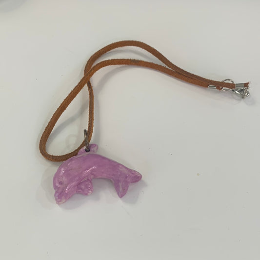 Purple Dolphin Child Necklace Rust Leather Cord