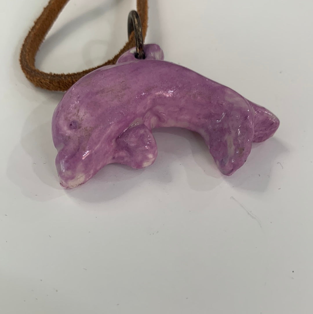 Purple Dolphin Child Necklace Rust Leather Cord