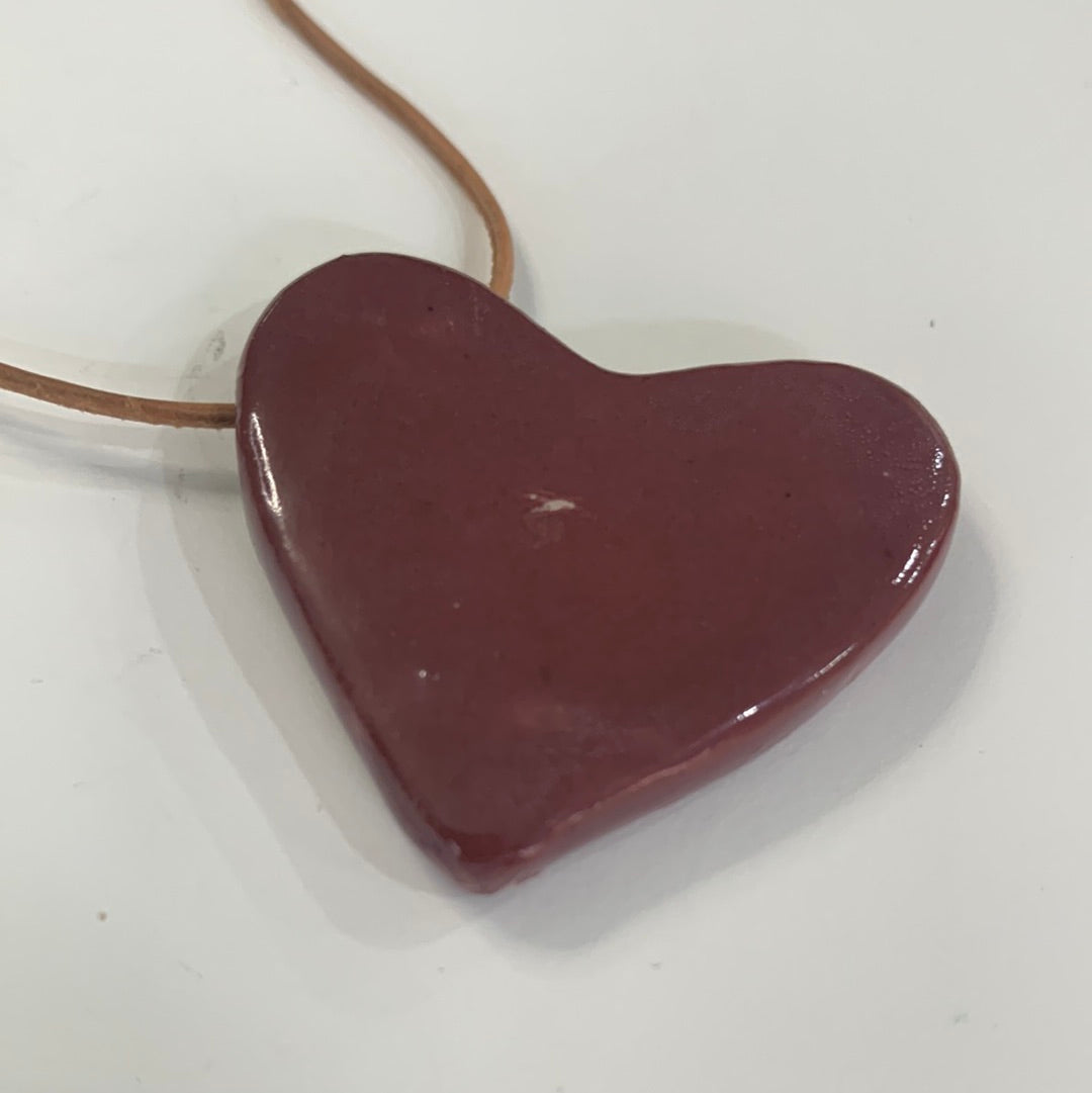 Maroon Tilted Heart Necklace- Tan Thin Leather Cord