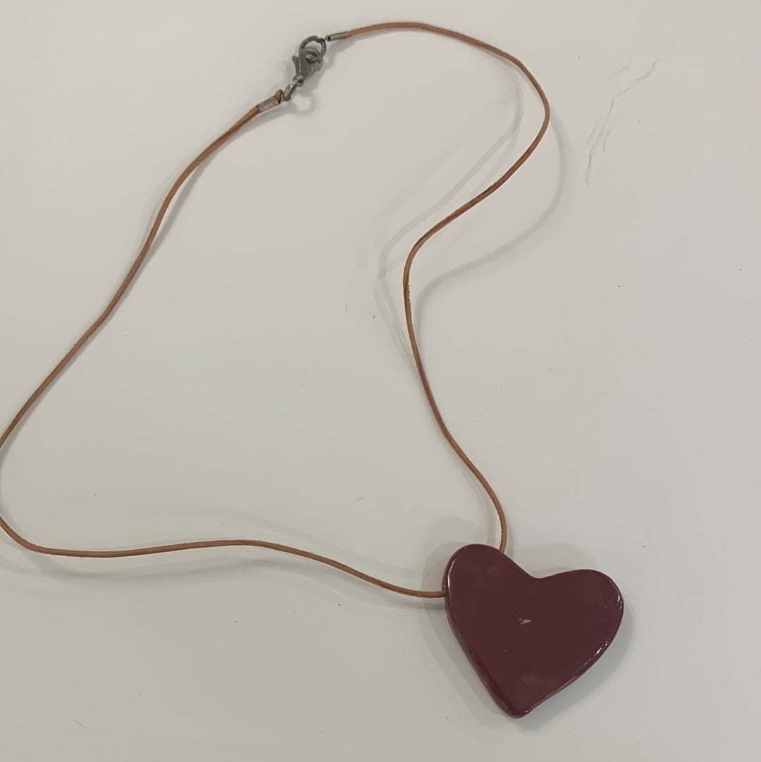 Maroon Tilted Heart Necklace- Tan Thin Leather Cord