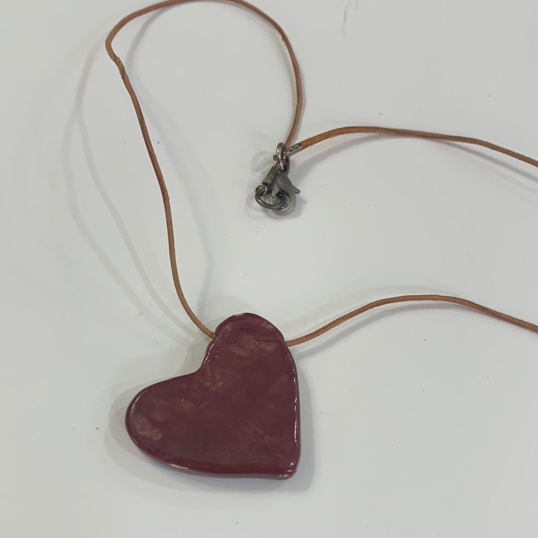 Maroon Tilted Heart Necklace- Tan Thin Leather Cord