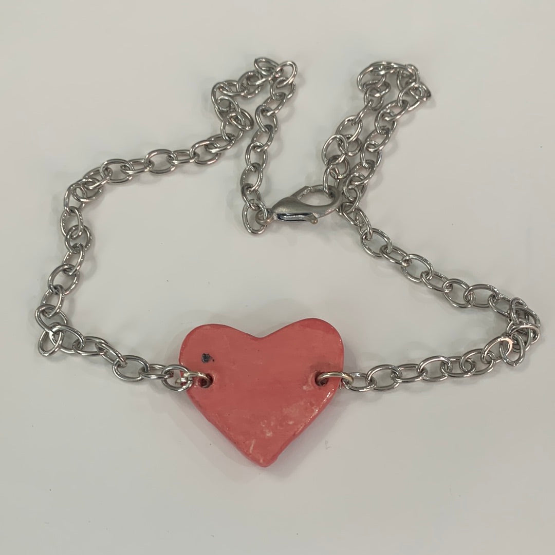 Pink Heart Necklace - Metal Chain