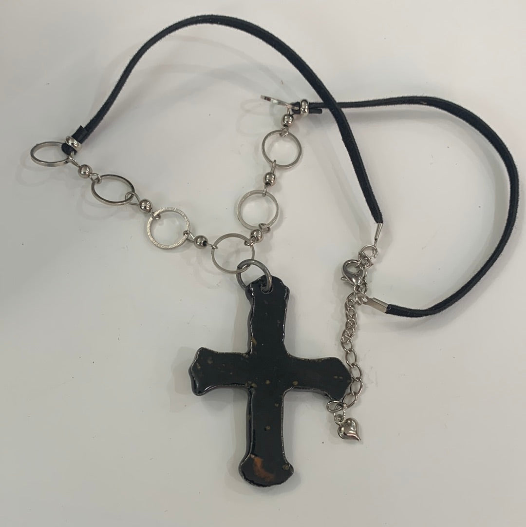 Black Cross Necklace - Material Fabric Chain