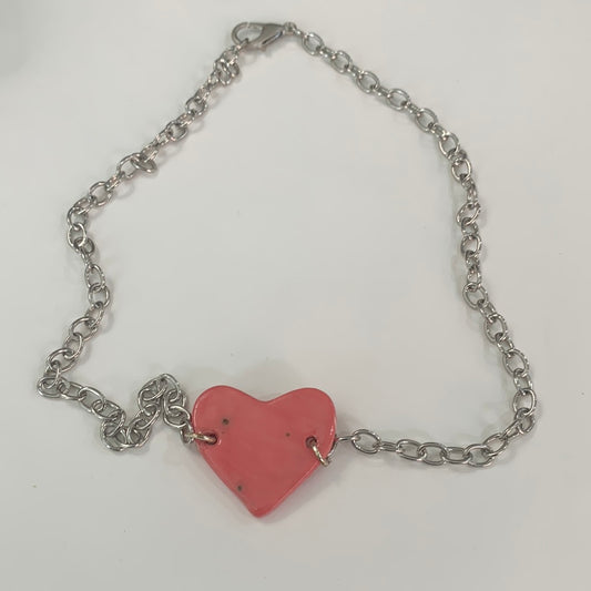 Pink Heart Necklace - Metal Chain