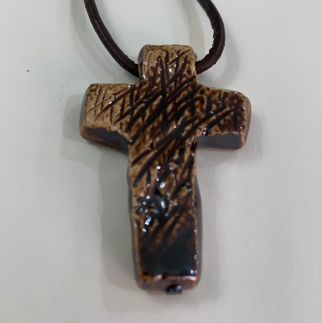 Brown Cross Necklace - Brown Tube Leather Cord