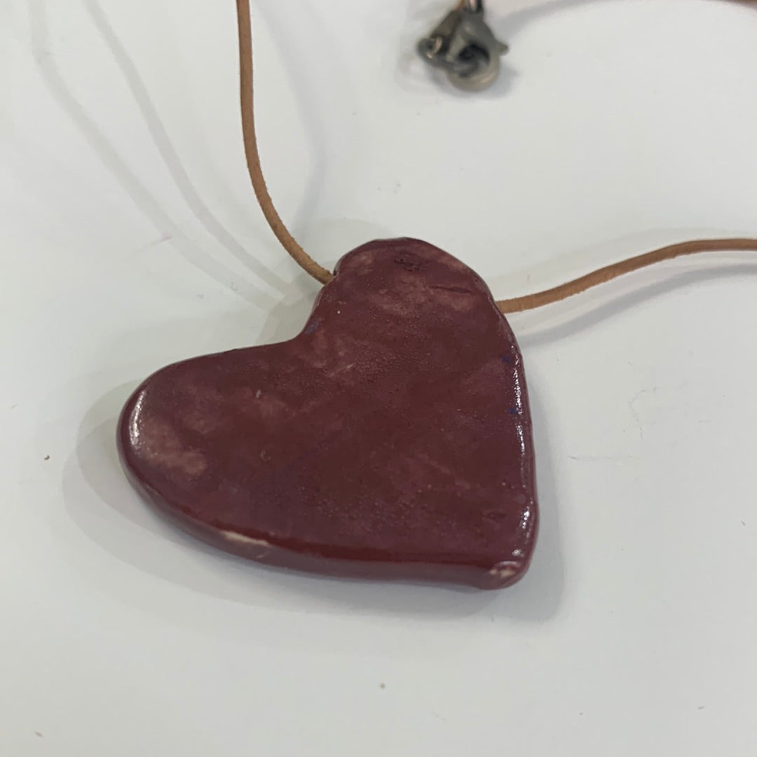 Maroon Tilted Heart Necklace- Tan Thin Leather Cord